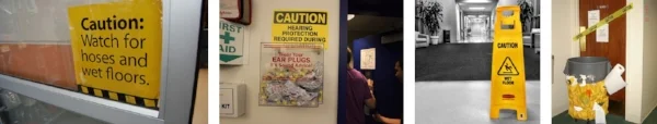 Examples of workplace caution safety signs and tags.