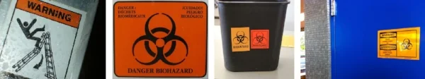 Examples of workplace warning safety signs and tags.