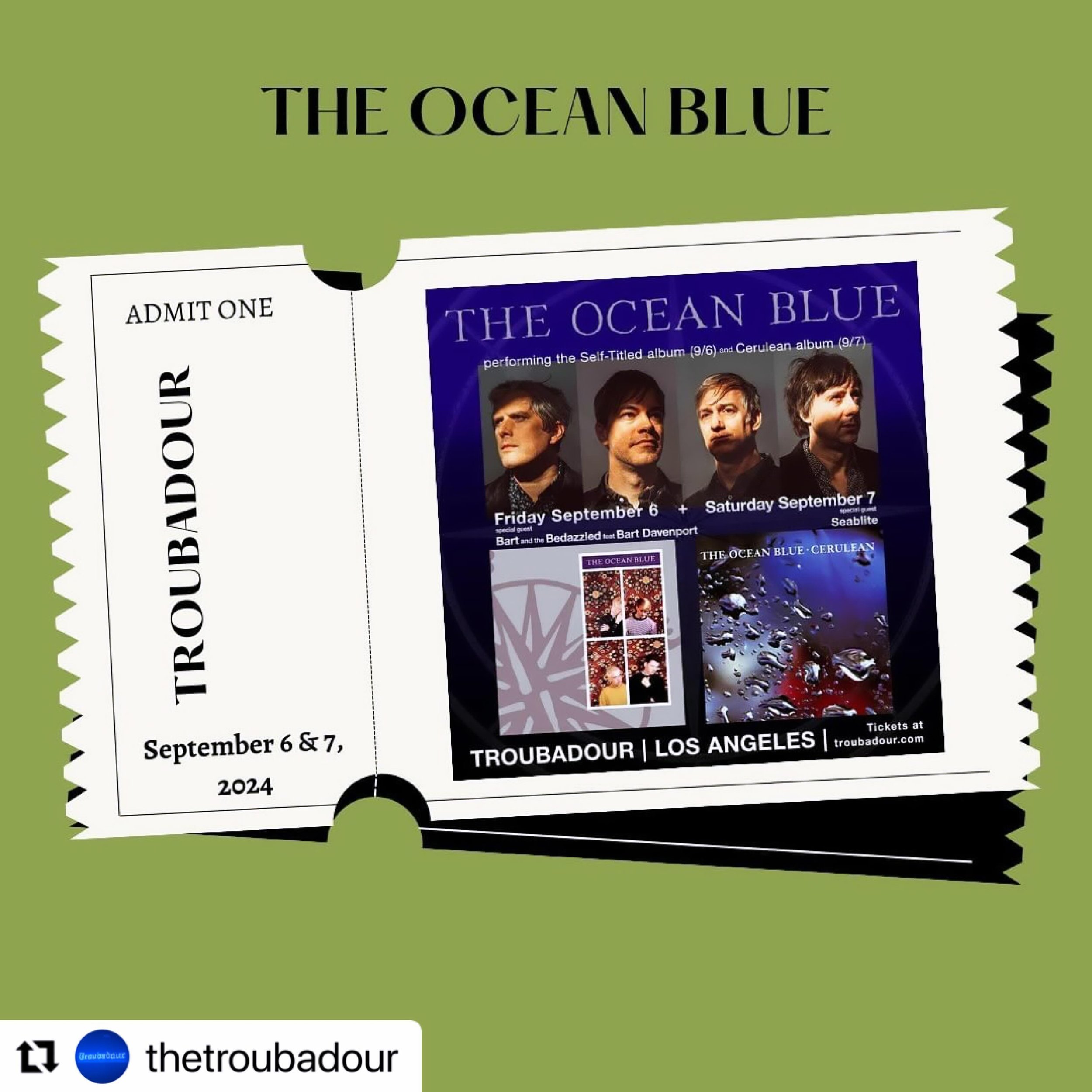 #Repost @thetroubadour 
・・・
Here to save you from FOMO! Tickets for these shows are almost gone! 💨 

9/06: @theoceanblue 
9/07: @theoceanblue 

Limited tickets available at troubadour.com! 🎫