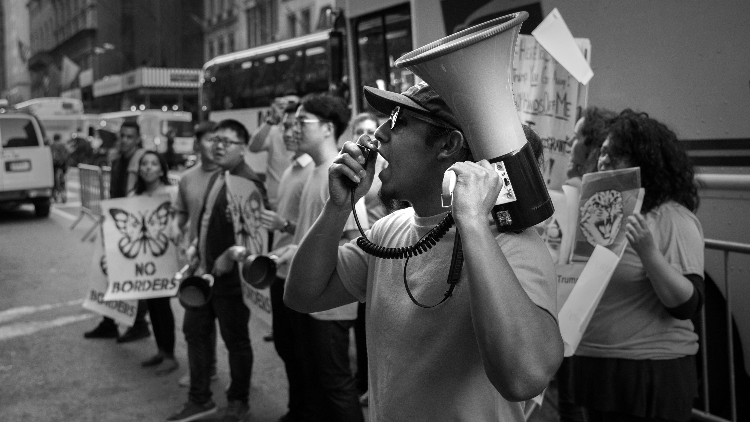  Eric leads a chant during the protest in front of Trump Tower in New York City in October. Protests like these give a voice to those who might not normally speak up. These kind of protests have become especially relevant as the Trump Administration 