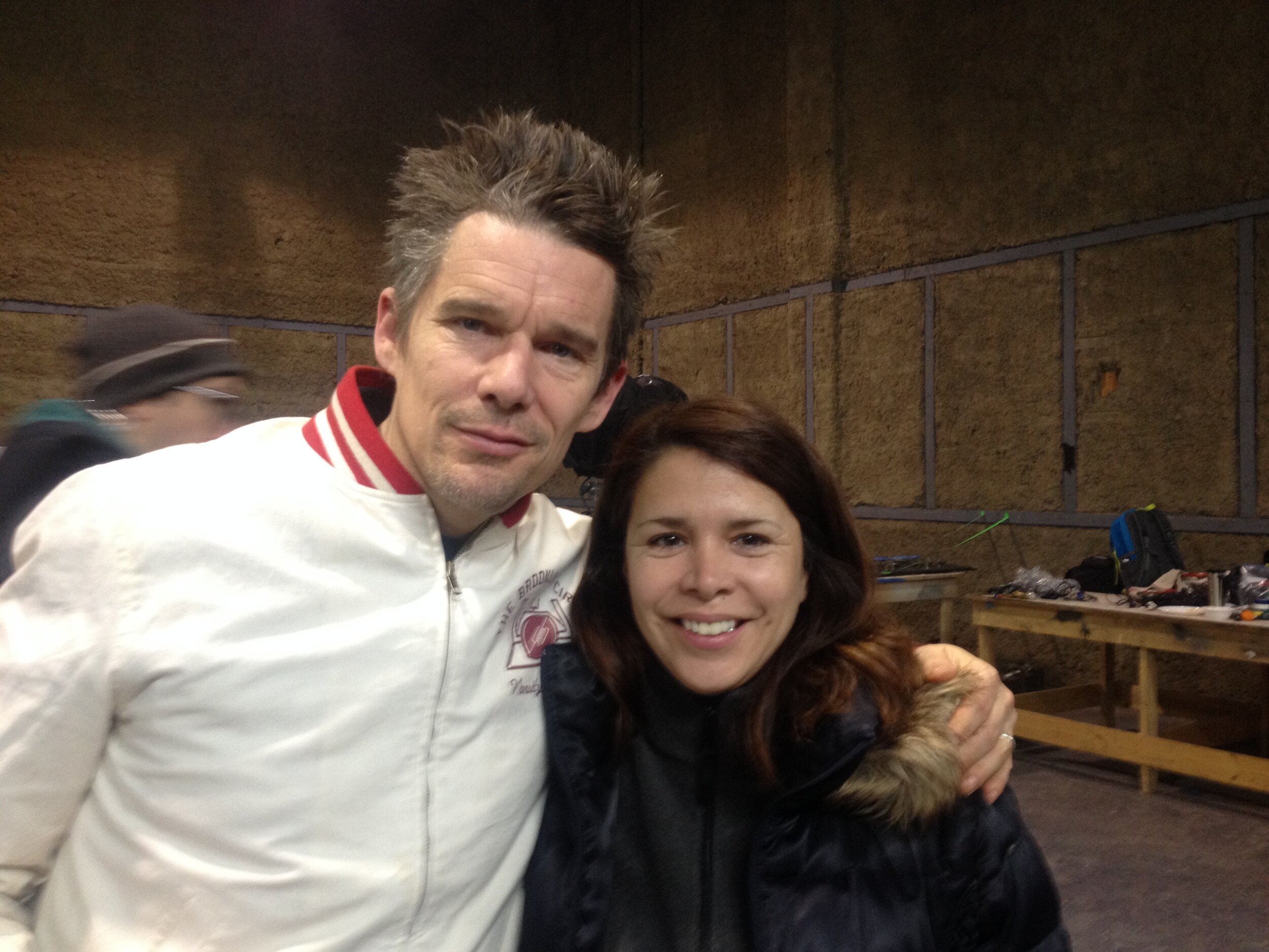 Ana Cuadra with Ethan Hawke on the set of "Maggie's Plan"