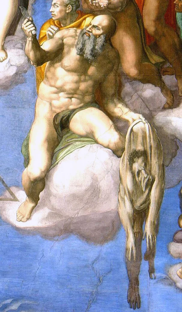 A closeup of St. Bartholomew holding his flayed skin in Michelangelo's The Last Judgement.