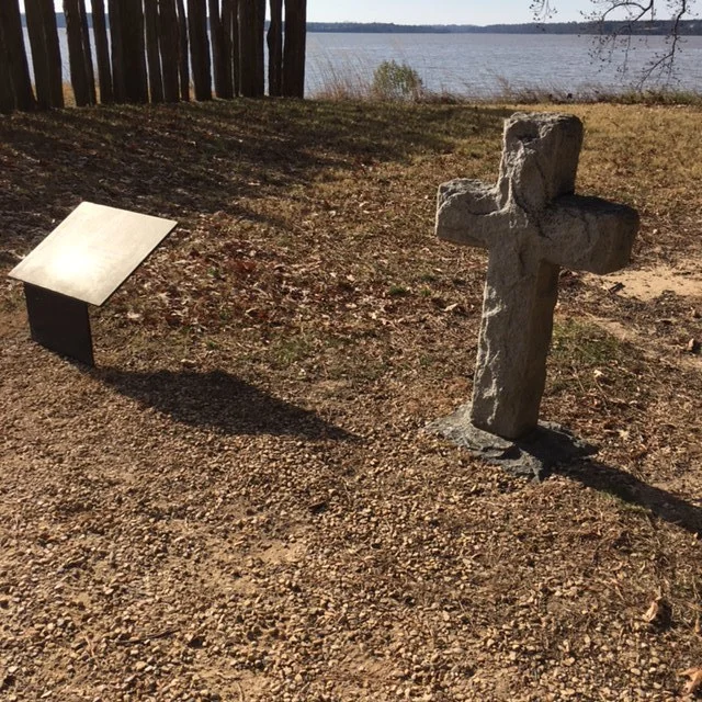Thought to be the 1607 burial site of Captain Bartholomew Gosnold. &nbsp;Newly erected fort walls noting the original James Fort walls can be seen to the left with the James River in the background.&nbsp;