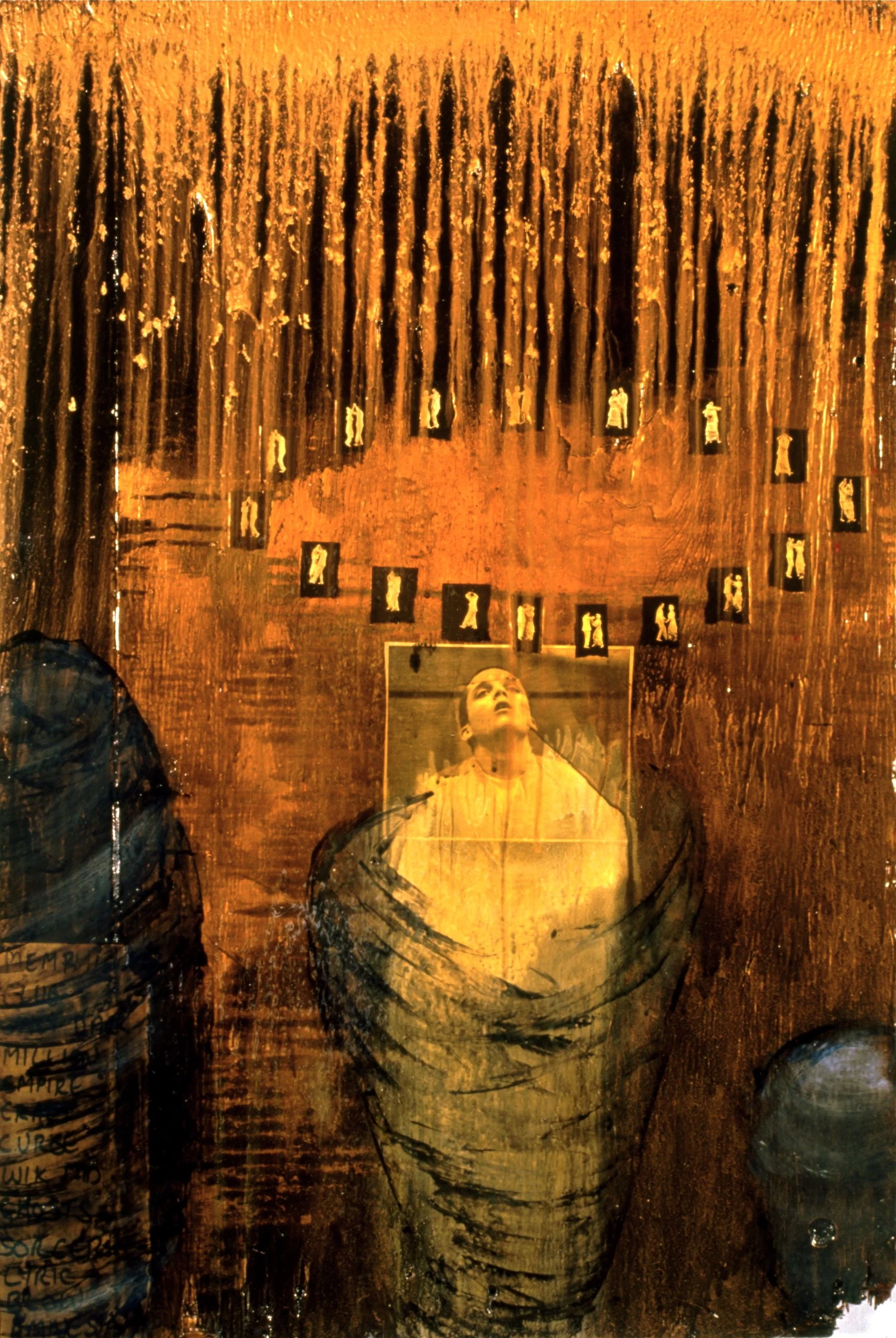 Empire 1999 Varnish, spray paint, ink, collage on canvas 42" h x 30" w Exhibited in Closer To Home Adaline Kent Exhibition, SF Art Institute, 2000. Collection of Dr. Susan Greene