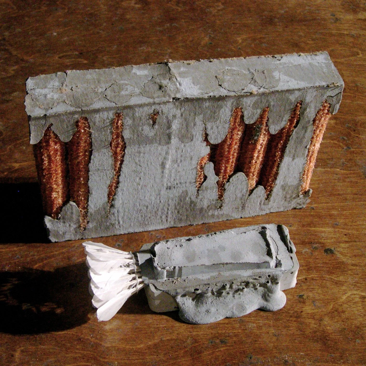 Rear: Thrall 7” h x 11” w x 2” d cement, corn cobs 2007 Collection of Lucien Jamey Front: Drift 8” l x 3” h x 3.5” w cement, shuttlecock 2007 Collection of Pamela Z
