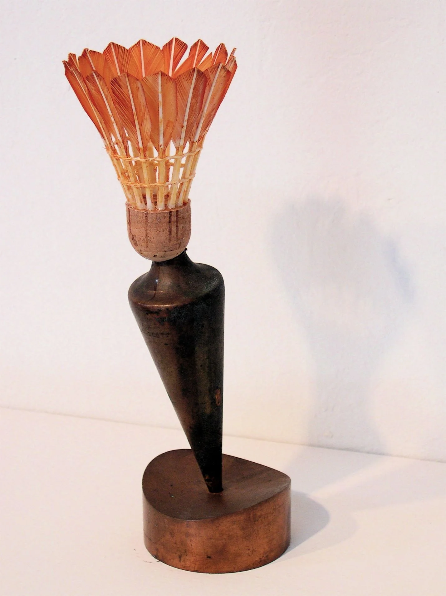 Pivot 2007 copper, brass, shuttlecock, iodine 8” h x 3” diameter collection of Pamela Z