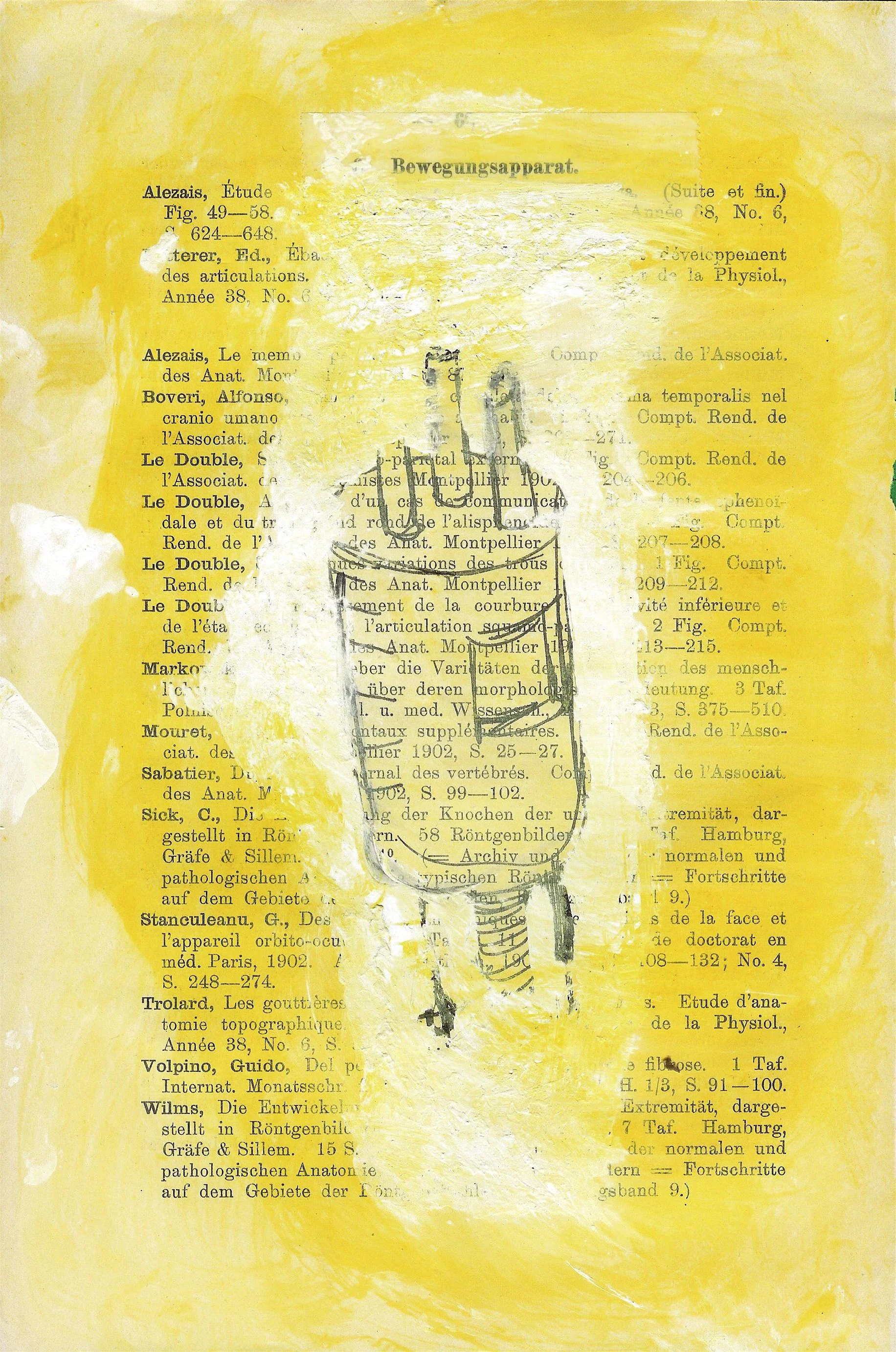 Bewegungsapparat 2006 pencil, Liquid Paper, iodine on found book page 10" h x 7" w