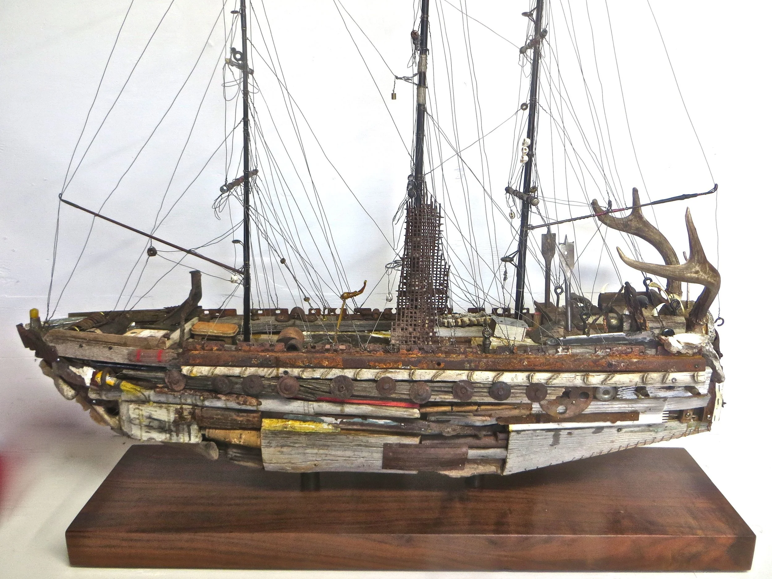    USS ARTHUR MACHEN  - 2016 39" long x 11" wide x 47” high Scavenged wood, fishing poles, antlers, seashells, found objects  &nbsp;  Click for      MORE IMAGES &amp; INFO  about this ship  &nbsp; 