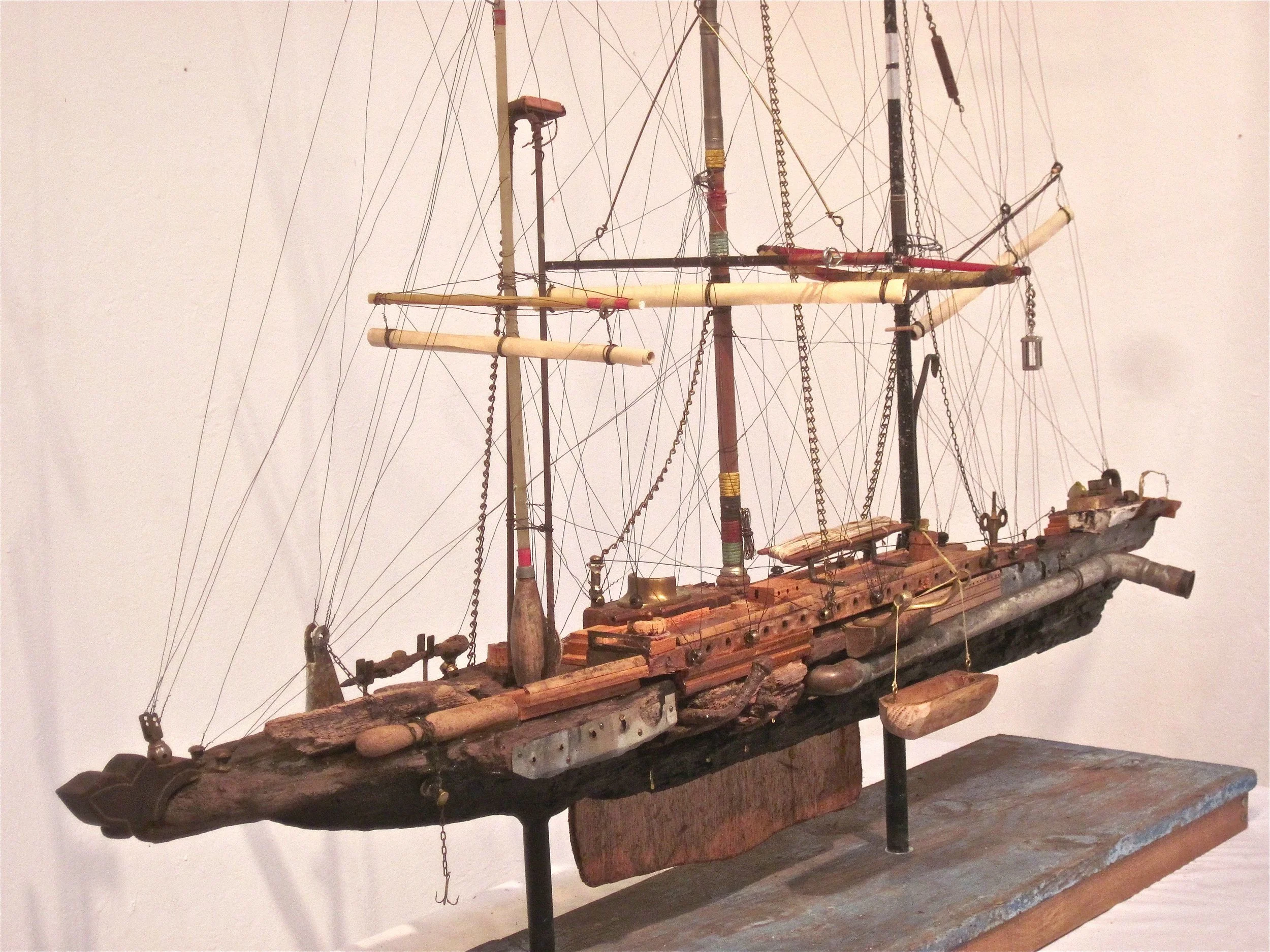    USS HALCYON  - 2011 49-3/4" long x 11-3/8" wide x 69” high Scavenged wood, fishing poles, found objects    Click for        MORE IMAGES &amp; INFO    about this ship   