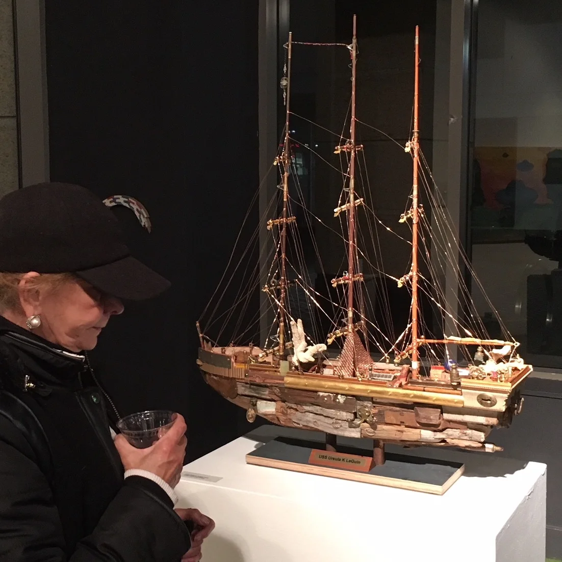   USS URSULA K LEGUIN &nbsp;- 2018 34" long x 7.5" wide x 41.5” high Scavenged wood, fishing poles, found objects, brass &amp; copper wire  Click for   &nbsp;MORE IMAGES &amp; INFO&nbsp;   about this ship  