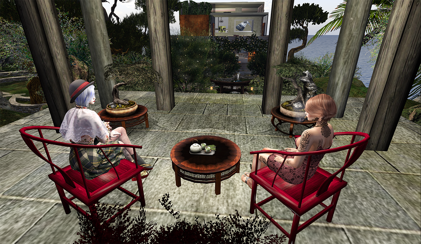 Daedala and Heph enjoying the view from the Tea Pavilion (toward the Formal Garden)