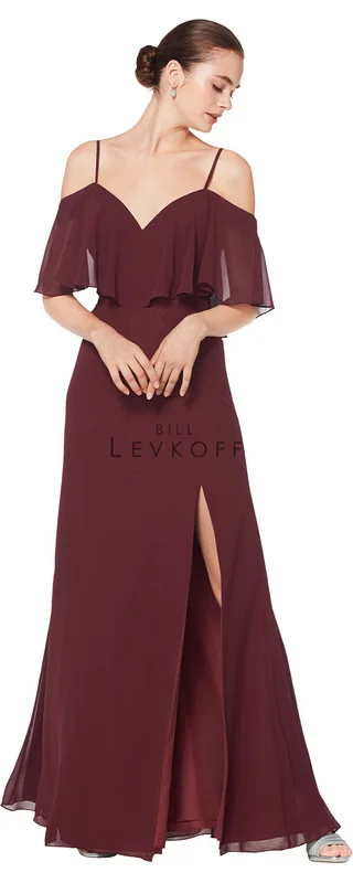 1606 - Chiffon off the shoulder sweetheart spaghetti strap gown with ruffle bodice. A-line skirt with front off-center slit. Available in 43 colors