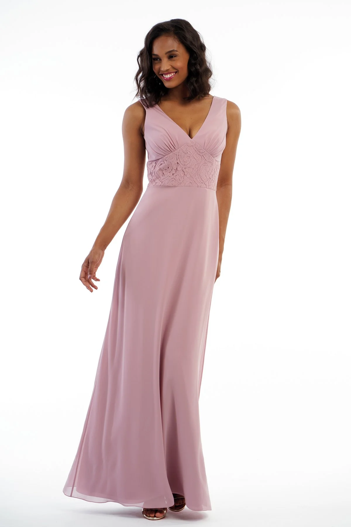 P216012 - Simple charlotte chiffon and lace floor length bridesmaid dress with a flattering V-neckline and V back. Detailed gathers on the bodice and a flowy skirt to complete the look. Available in 18 colors