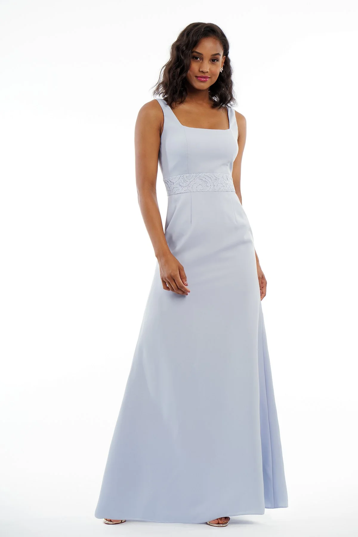 P216014 - Simple soft crepe and lace floor length bridesmaid dress with a square neckline and thin cross straps on the back. Available in 12 colors