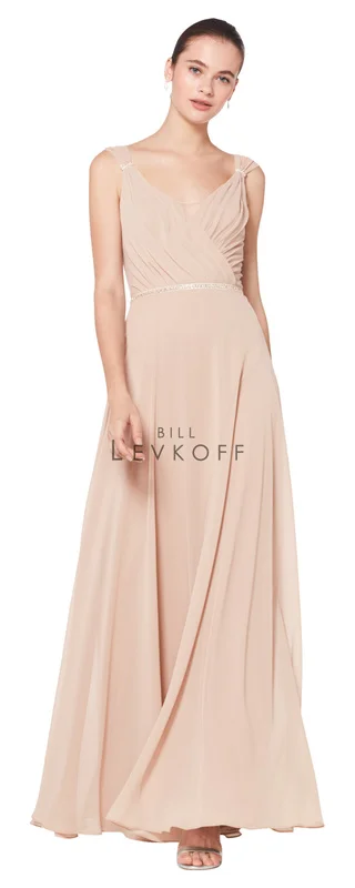 1600 - Chiffon sleeveless surplice gown with wide front and back V. Clear rhinestones and beading adorn the shoulder clasps and the band at the natural waist. A-line skirt. Available in 42 colors