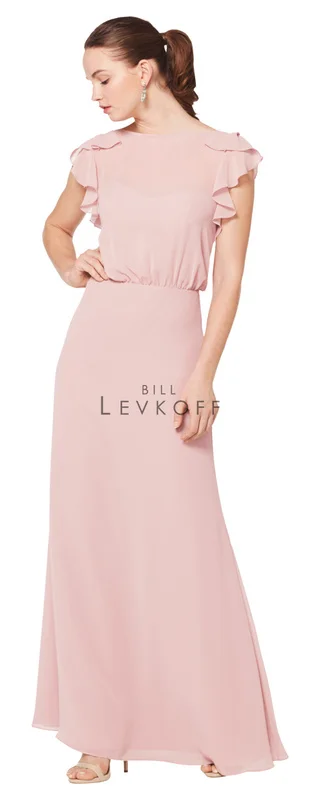 1602 - Chiffon blouson bodice with a bateau neckline and ruffle flutter cap sleeves. V-back with ruffle trim. A-line skirt. Available in 42 colors
