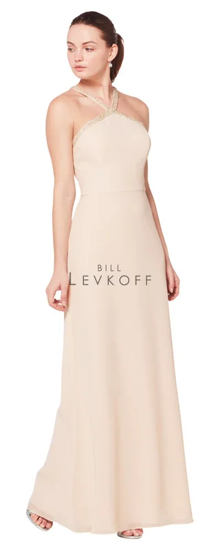 1605 - Chiffon halter gown with beaded straps that criss-cross in the back. Beaded band borders the bodice. A-line skirt. Available in 42 colors