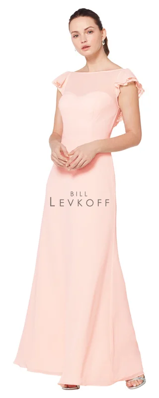 1611 - Chiffon gown with a bateau neckline. Ilussion top over a sweetheart neckline. Chiffon and lace flutter cap sleeves. V-back with ruffle chiffon and lace trim. A-line skirt. Available in 13 colors