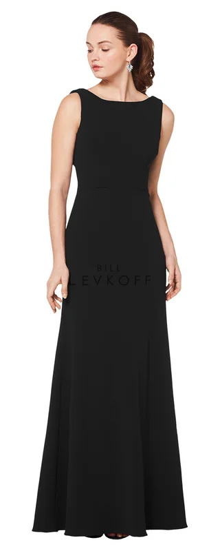1618 - Stretch Crepe sleeveless gown with a bateau neckline and a soft draped back. A-line skirt. Available in 10 colors