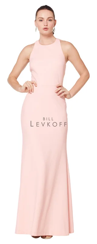 1622 - Stretch Crepe sleeveless gown with a jewel neckline. Criss cross back straps. Available in 10 colors
