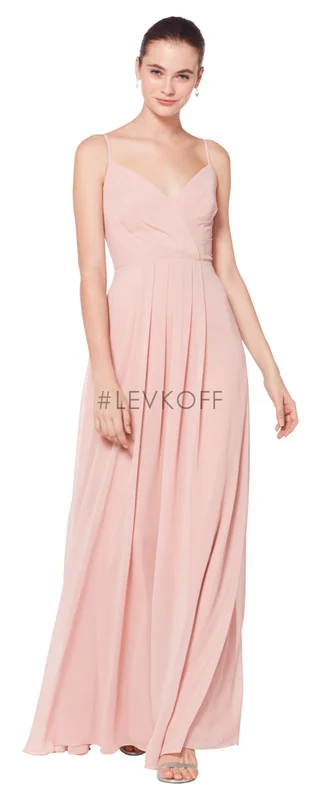7072 - Chiffon spaghetti strap V-neck gown. Asymmetrical pleats adorn the bodice. Front pleats adorn the A-line Skirt. Available in 42 colors