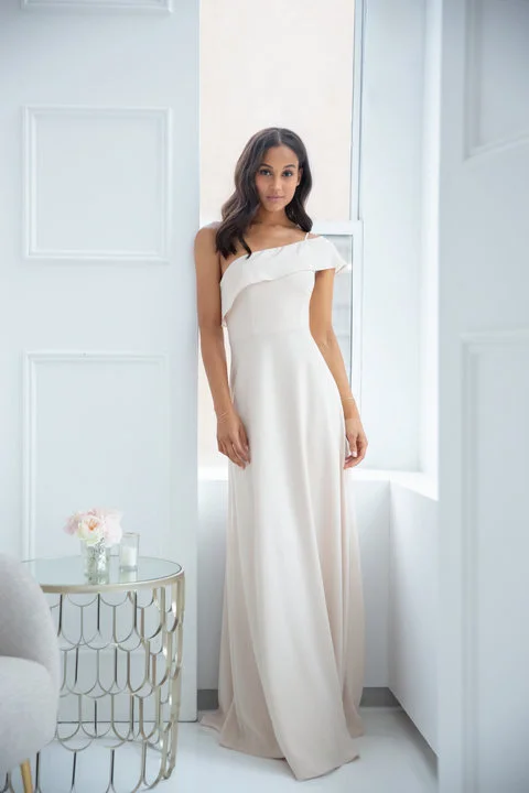 5914 - Hayley Paige Occasions bridesmaids gown - Burgundy crepe A-line gown, one shoulder neckline, natural waist. Available in 7 colors