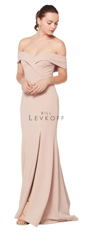1623 - Stretch Crepe off the shoulder fold-over portrait neckline gown. Off-center front slit. Slight back train. Available in 10 colors
