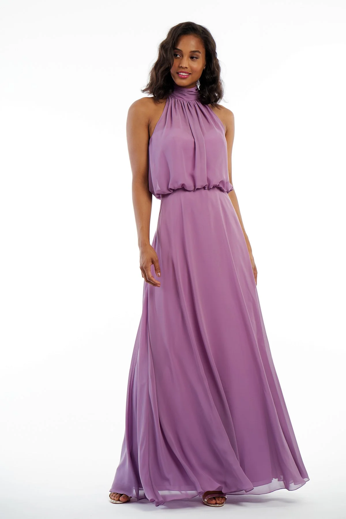 P216008 - Beautiful charlotte chiffon floor length bridesmaid dress with a gorgeous high neckline, detailed gathers on the bodice, and a flowy skirt to complete the look. Available in 41 colors