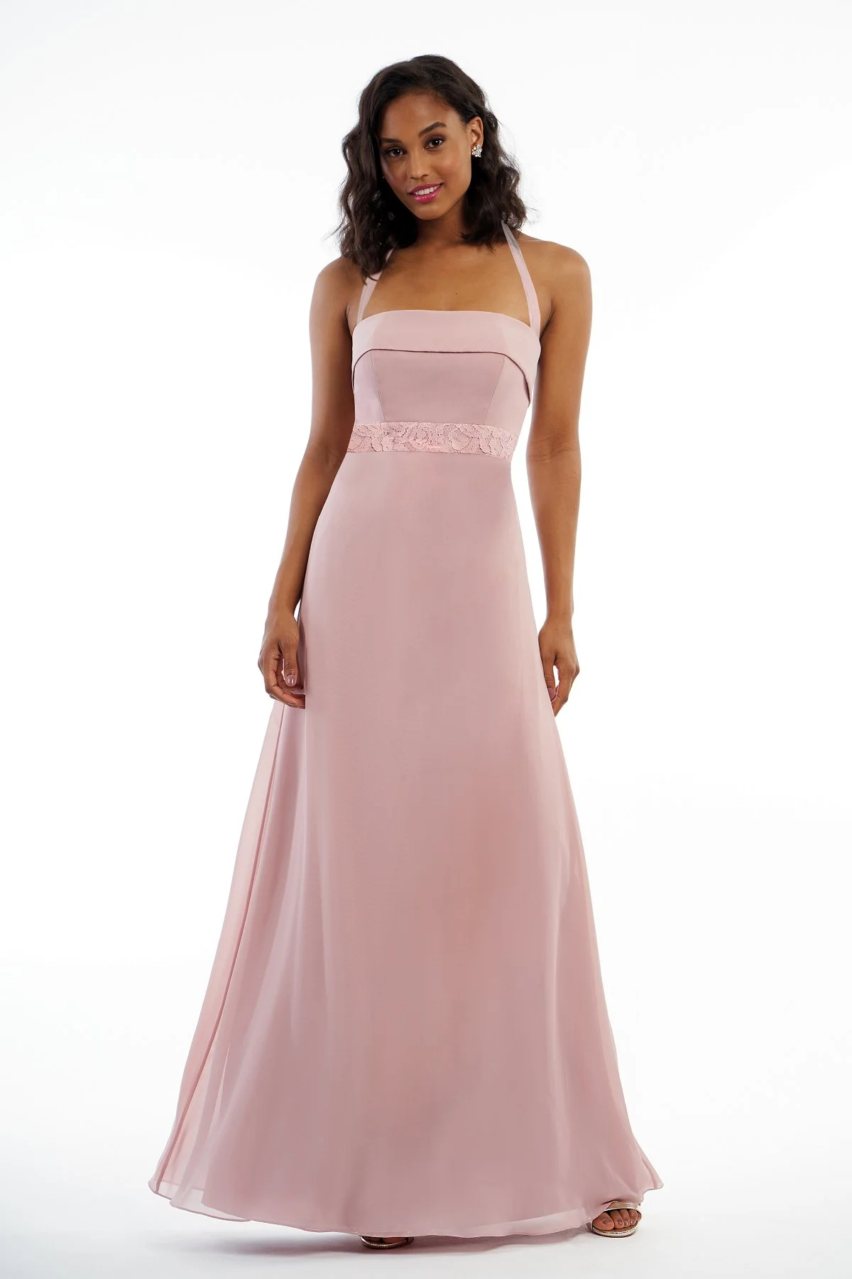 P216009 - Pretty charlotte chiffon floor length bridesmaid dress with a straight neckline and halter straps that create a bow on the back. Detailed lace on the bodice to complete the look. Available in 18 colors