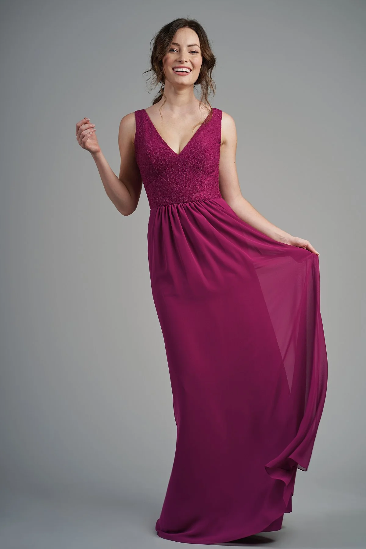 B213011 - Simple lace and poly chiffon floor length bridesmaid dress with a flattering V-neckline and V back. Beautiful detailed gathers on the skirt to complete the look. Available in 22 colors