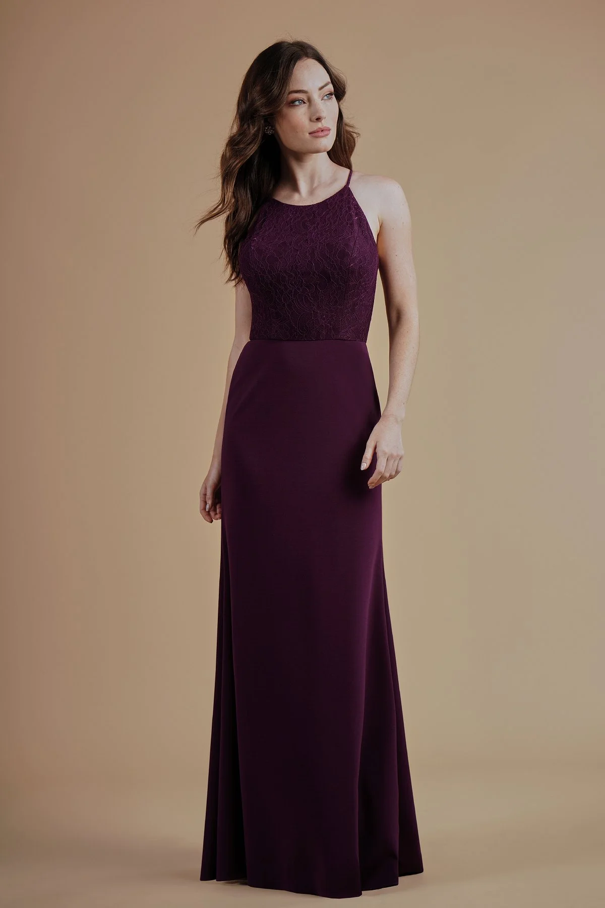 L214015 - Simple lace and stretch crepe floor length bridesmaid dress with a jewel neckline and high neck back. This simple, pretty bridesmaid dress is perfect for a minimalist wedding. Available in 21 colors