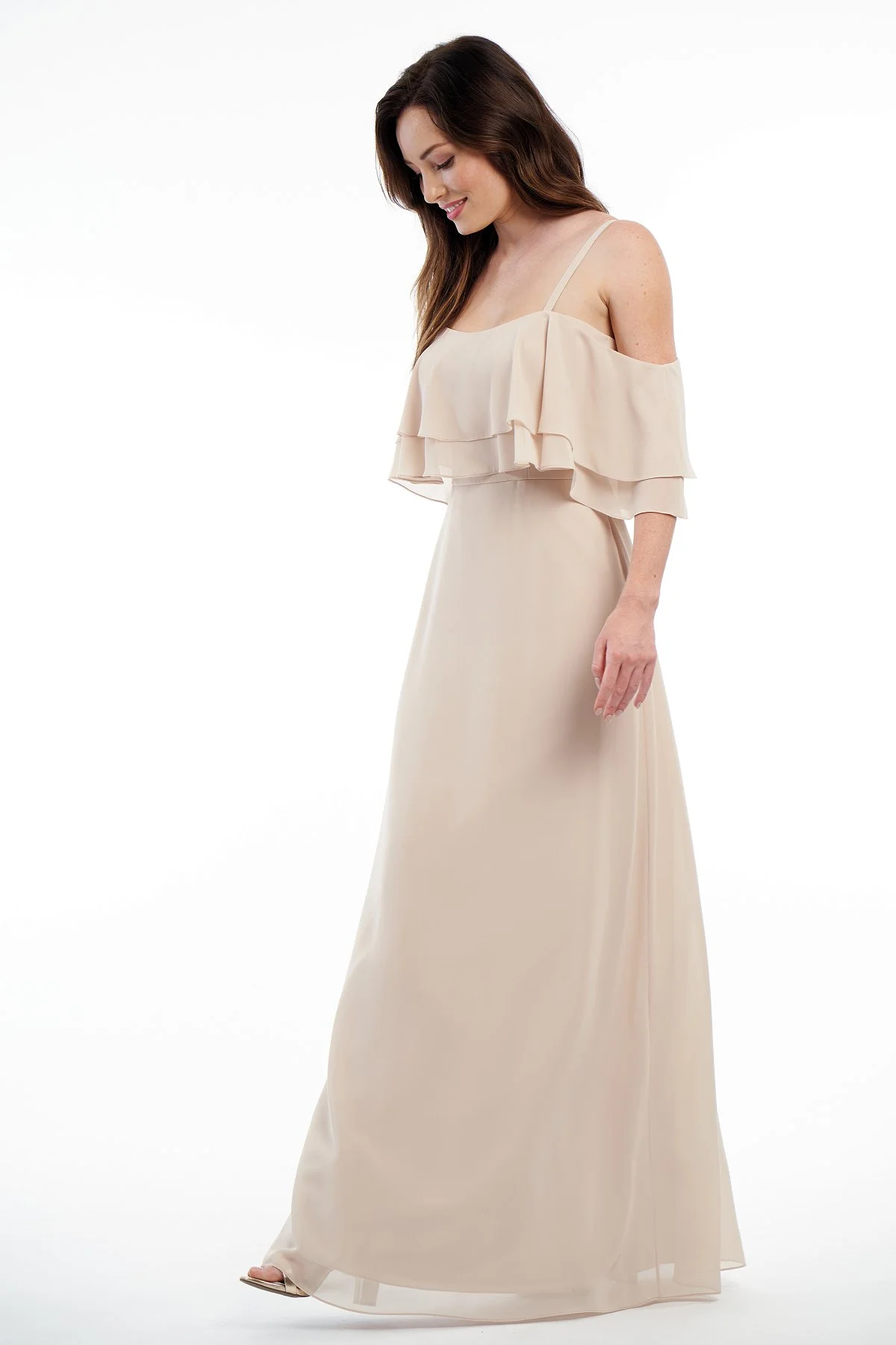 P216001 - Beautiful charlotte chiffon floor length bridesmaid dress with a straight neckline and spaghetti straps. A layered flowy bodice with fabric that goes around the arms and flow skirt to complete the look Available in 41 colors