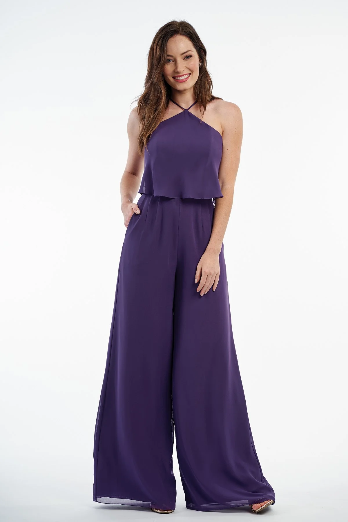 P216003 - Beautiful charlotte chiffon long pant suit with a high neckline, layered bodice, and side pockets on the bottom to complete the look. Special Detail: Pockets Available in 41 colors