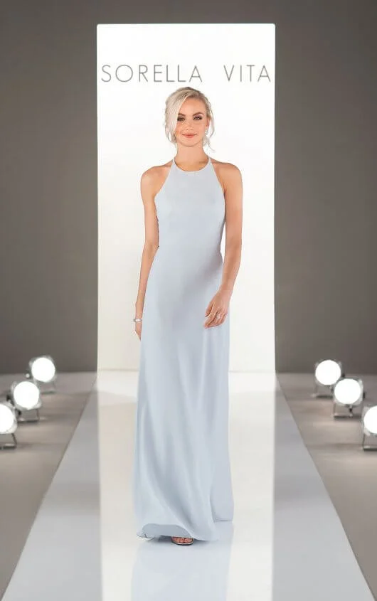 9234 - Modern minimalists, rejoice! The simple and clean lines of the high-halter neckline and easygoing sheath bridesmaid dress will not only flatter every ‘maid—but will fit right in with any theme, ceremony or venue. With over 30 from which to choose in our chiffon fabric, the possibilities truly are endless when it comes to creating your unique bridal party look! Avail able in 33 colors
