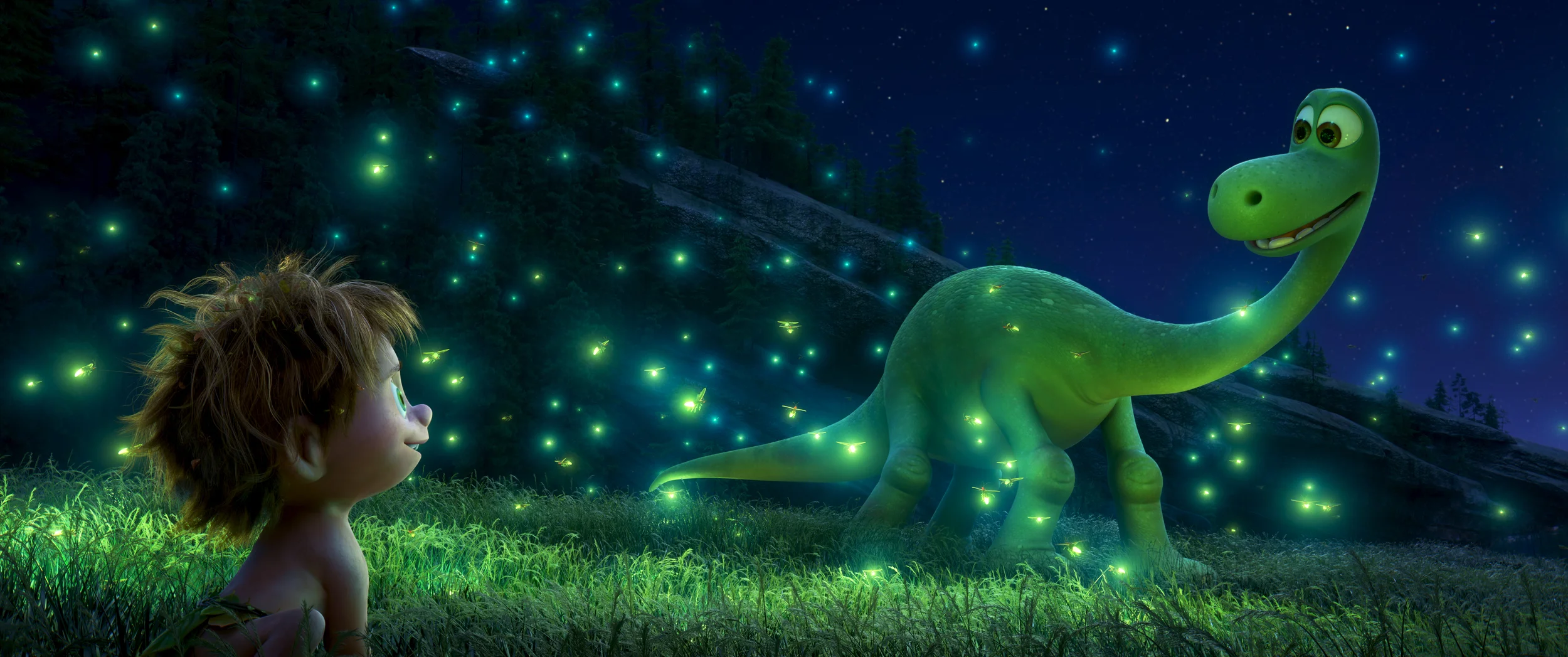 Arlo the dinosaur shares the magic of lightning bugs with Spot.
