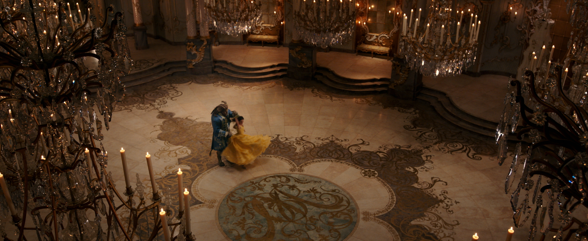 Belle (Watson) and Beast (Stevens) dancing in the iconic ballroom scene. So gorgeous!