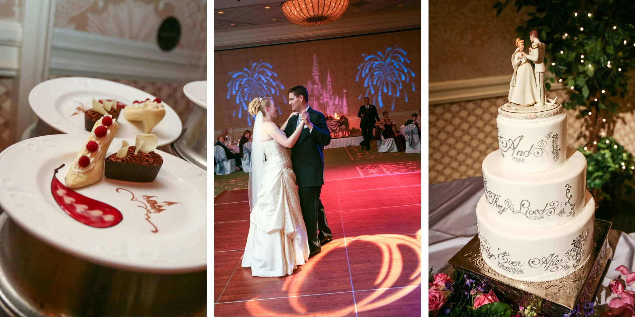 Some Disney touches at our wedding included a glass slipper dessert, castle projections and a fairy tale cake.
