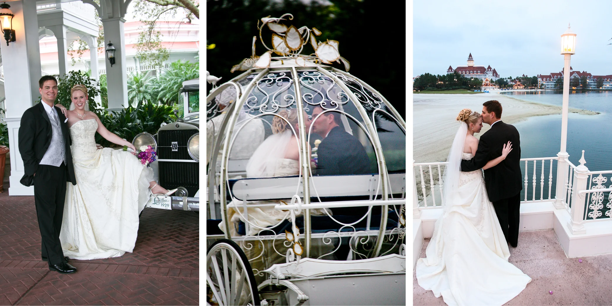 Some shots from our Fairy Tale Wedding: posing with a vintage car, riding in the pumpkin coach and a view of the Grand Floridian.