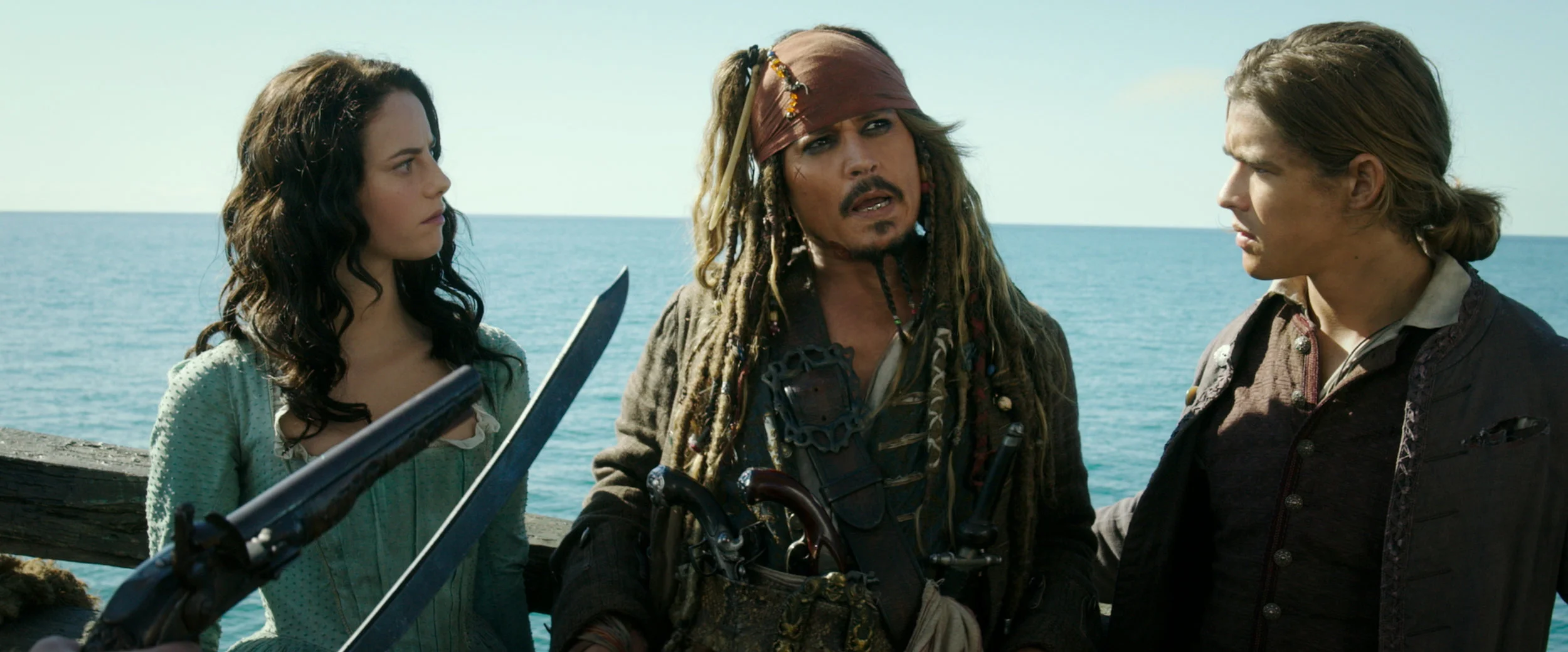 Jack Sparrow (Depp) along with newcomers Henry (Thwaites) and Carina (Scodelario).