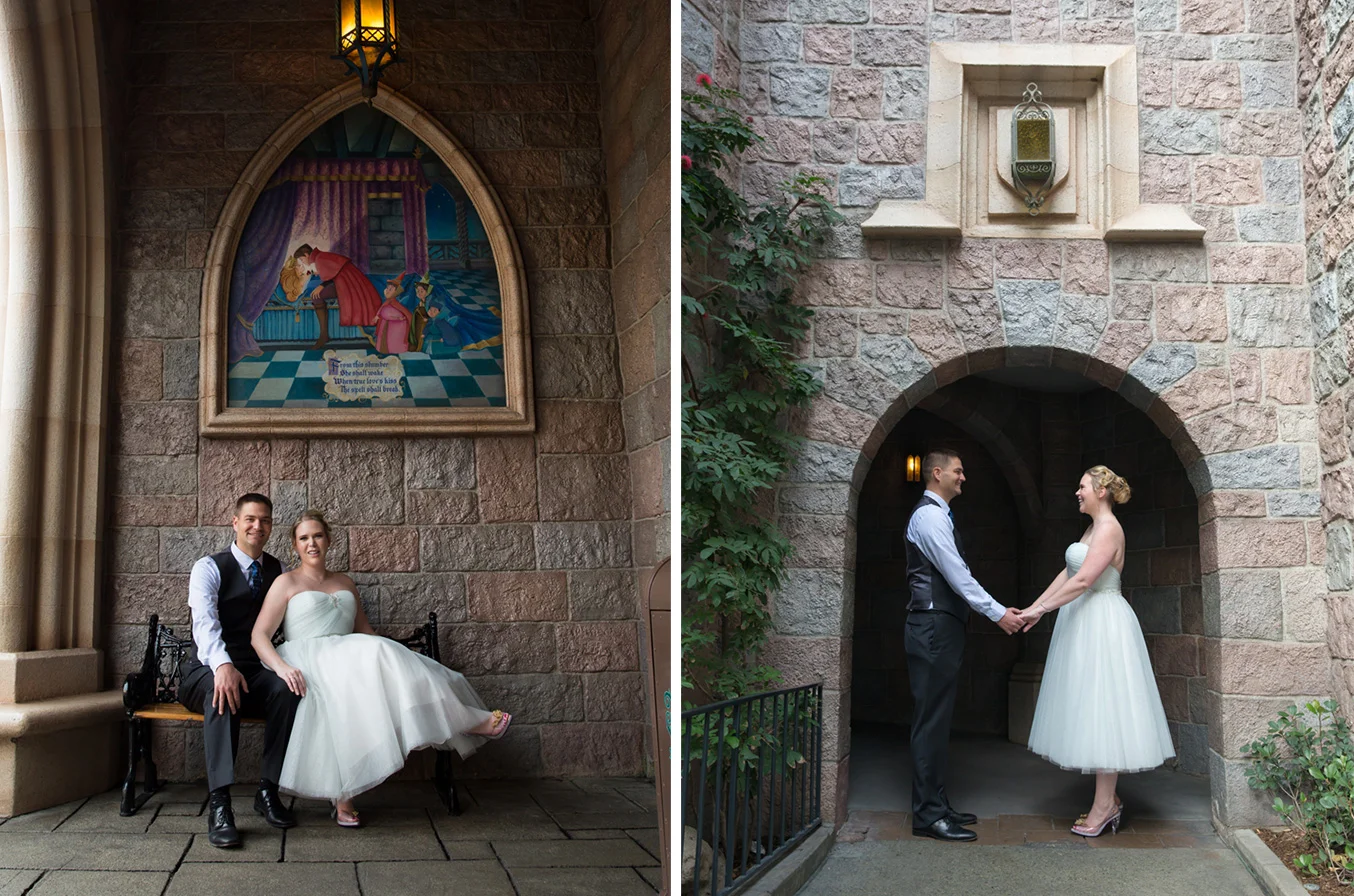We found some perfectly themed, more tucked away areas in the castle too, like this Sleeping Beauty artwork and archway.