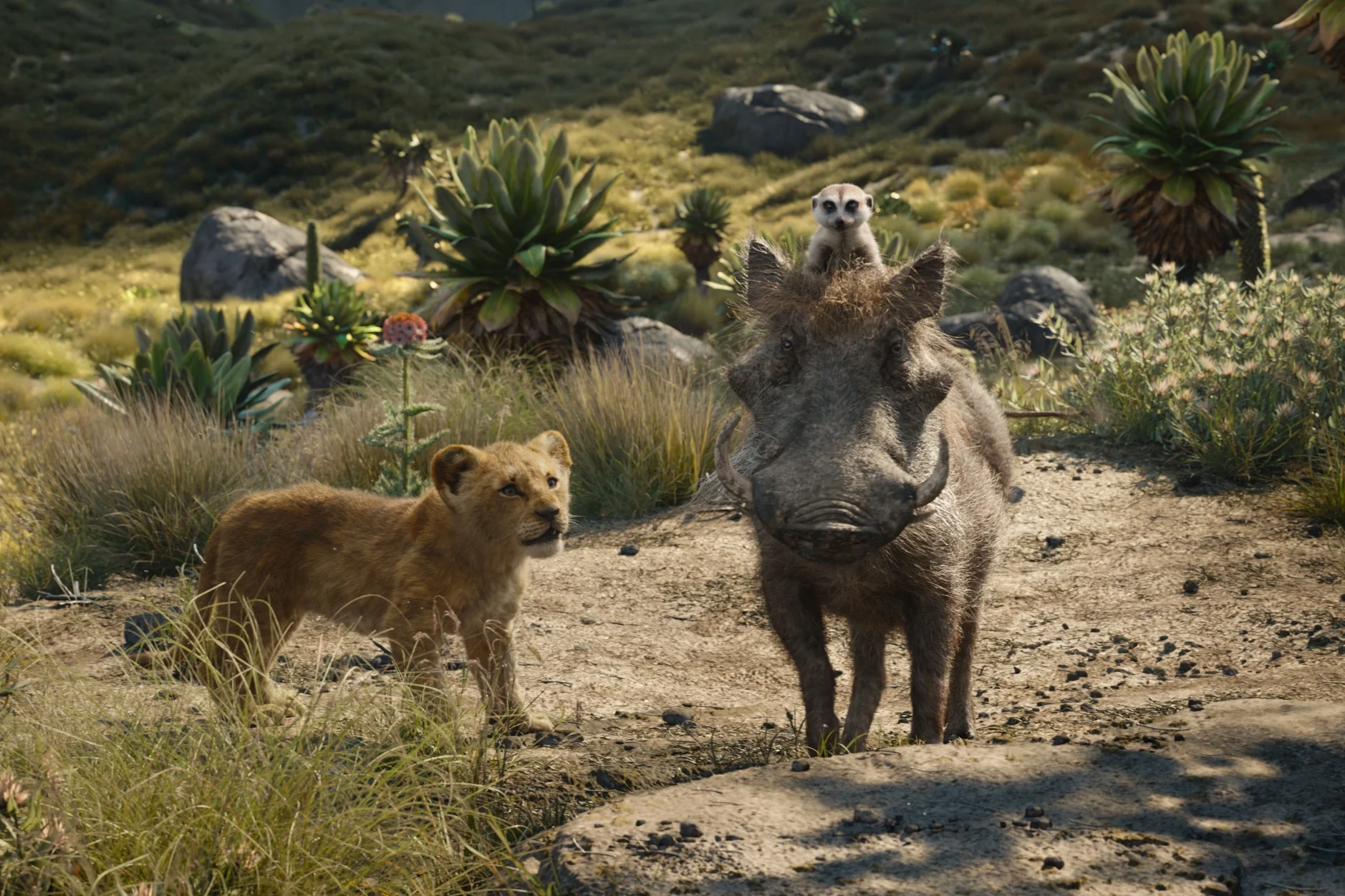 Simba with the dynamic duo Timon (Eichner) and Puma (Rogen).