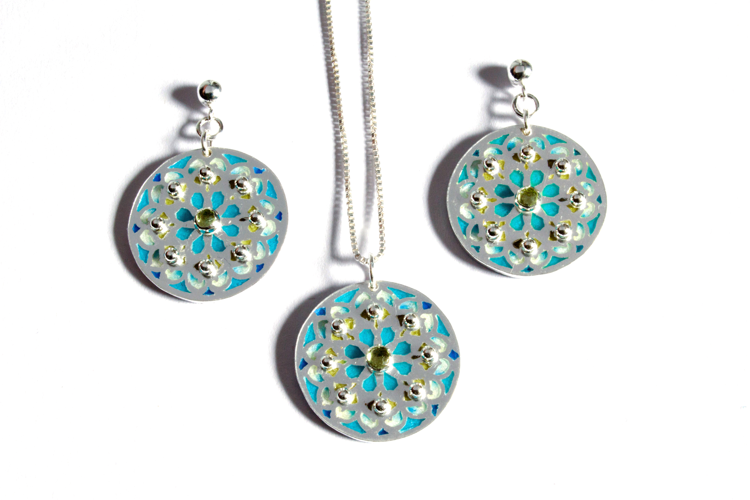 Blooming Peridot Gemstone and Enamel Earrings and Necklace