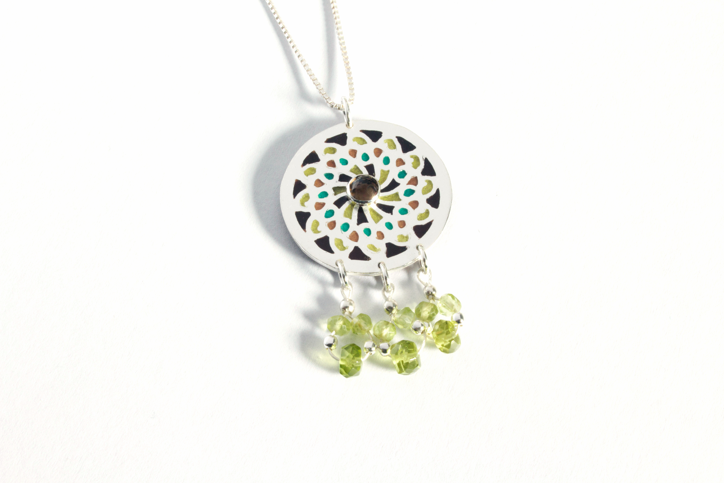 Earth Spiral Enamel and Gemstone Pendant with Smokey Quartz and Peridot