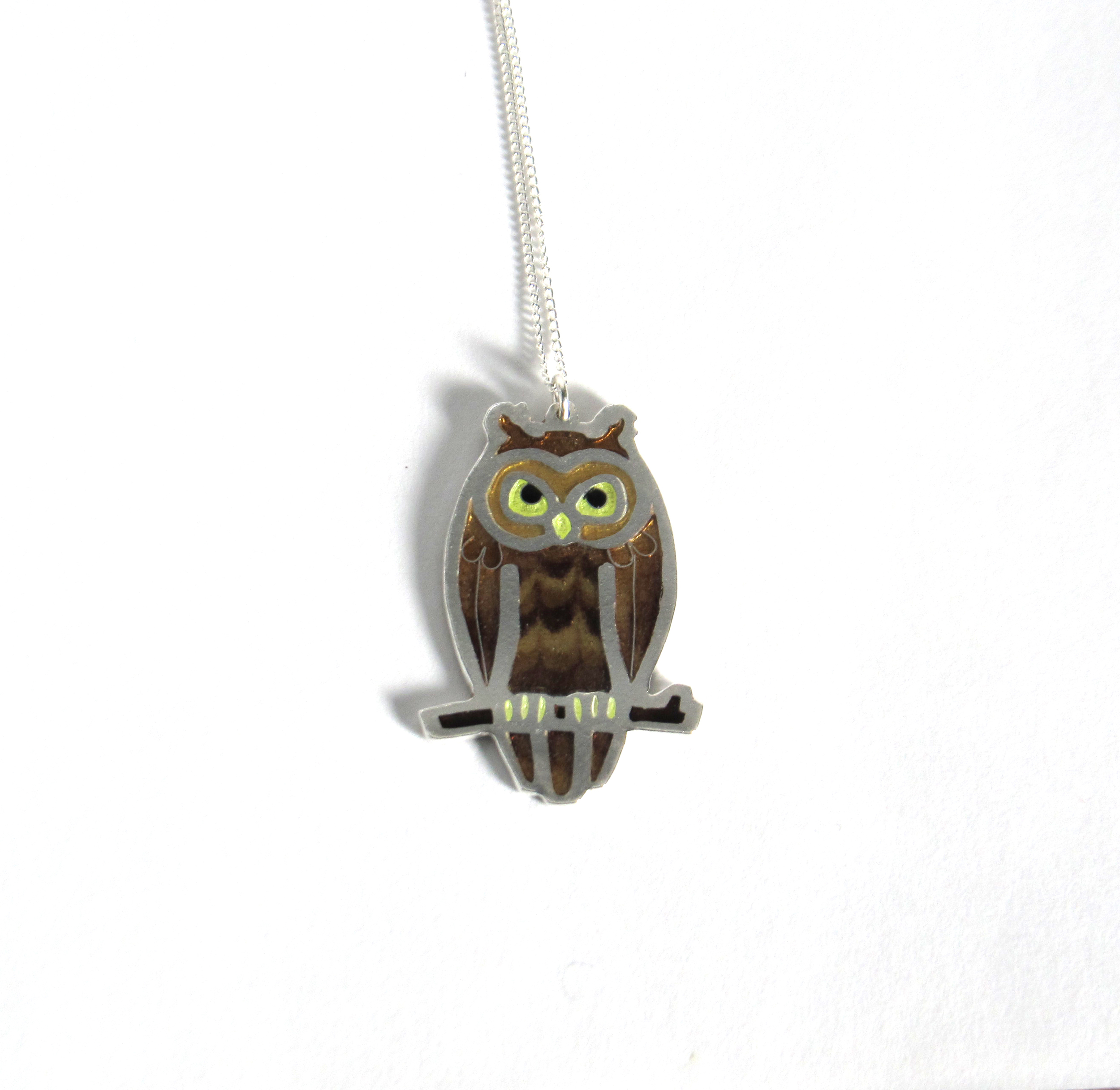 Brown Owl Champleve Enamel Pendant in Fine Silver