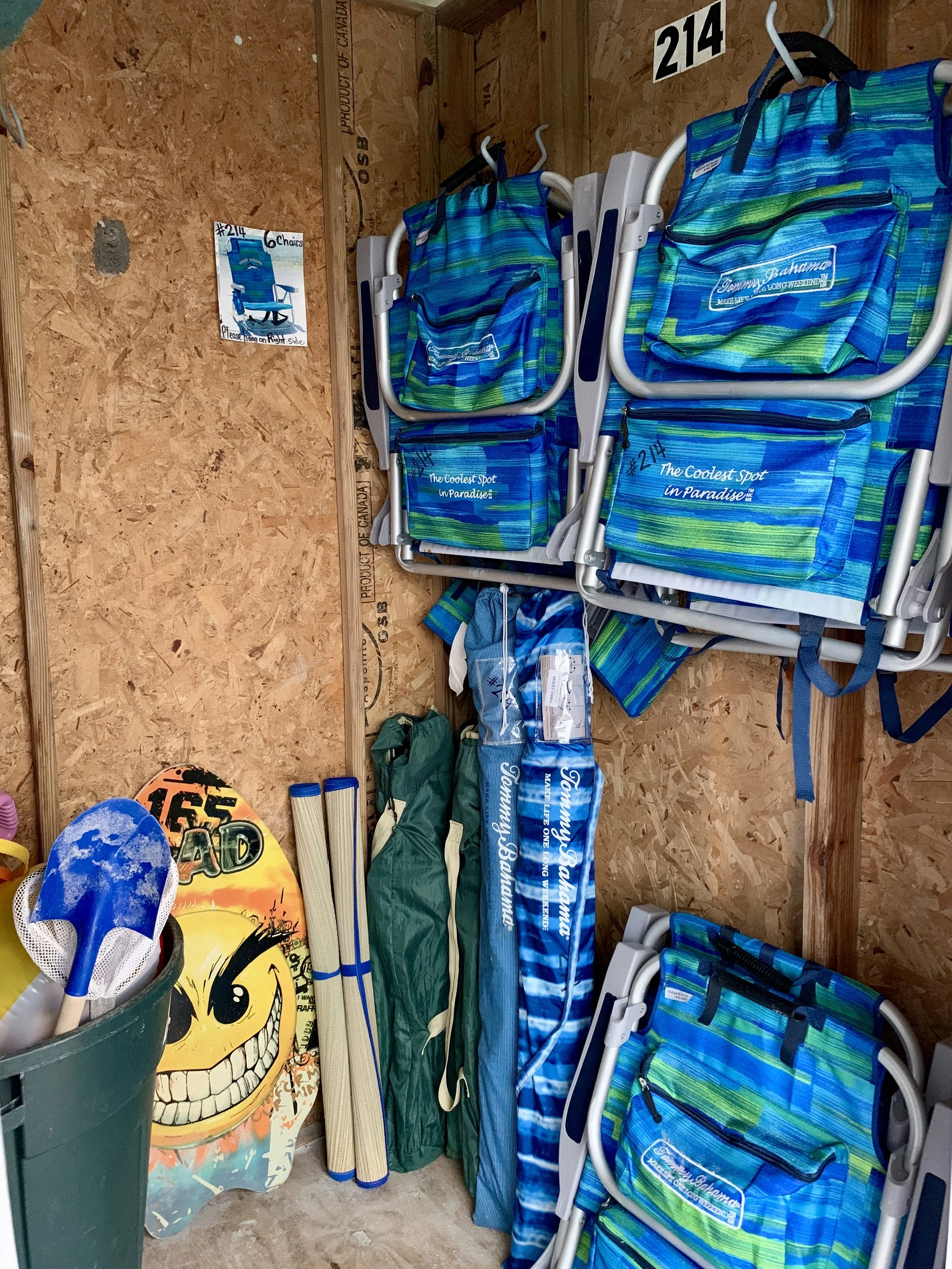 STORAGE UNIT WITH BEACH UMBRELLAS, CHAIRS AND TOYS. beach towels are ALSO PROVIDED AND CAN BE FOUND in the condo.