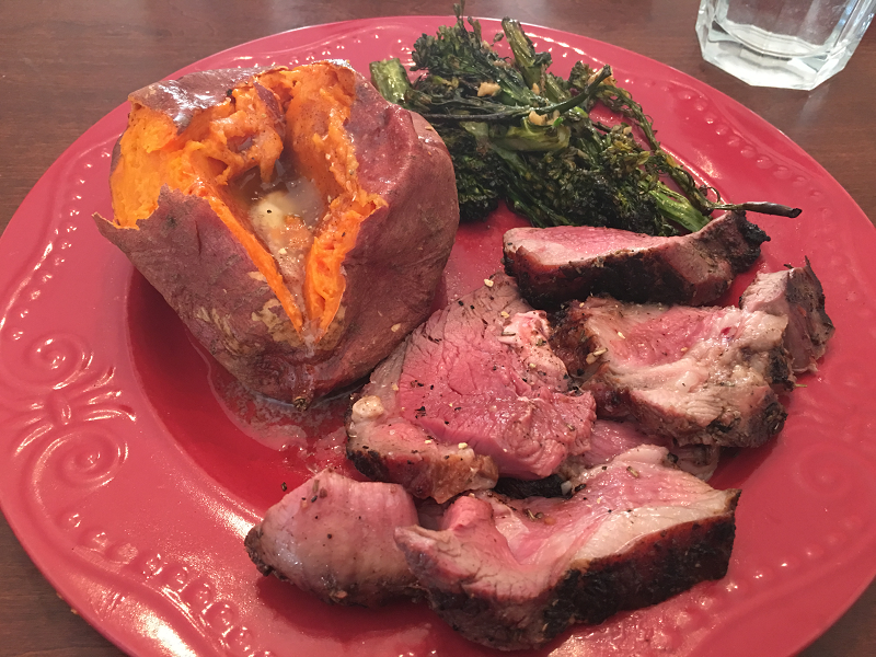Gingery Orange Grilled Lamb, served with Broccolini and Sweet Potato