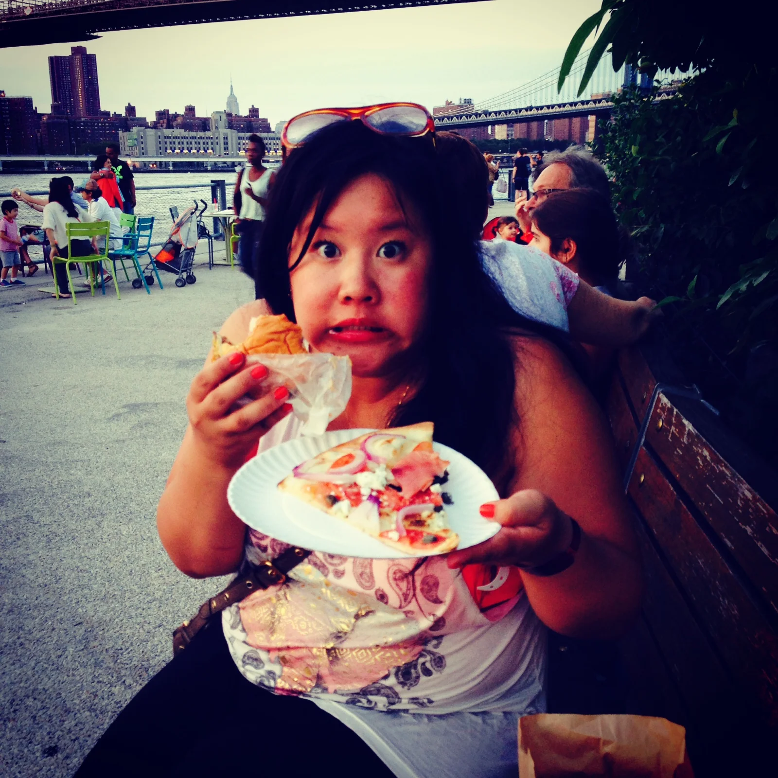 Shake Shack and Juliana's pizza AT THE SAME TIME at Brooklyn Bridge Park (above) Rainbow Brite Cake (which our mom made) in my Rainbow Brite shirt in our old backyard (to the left)