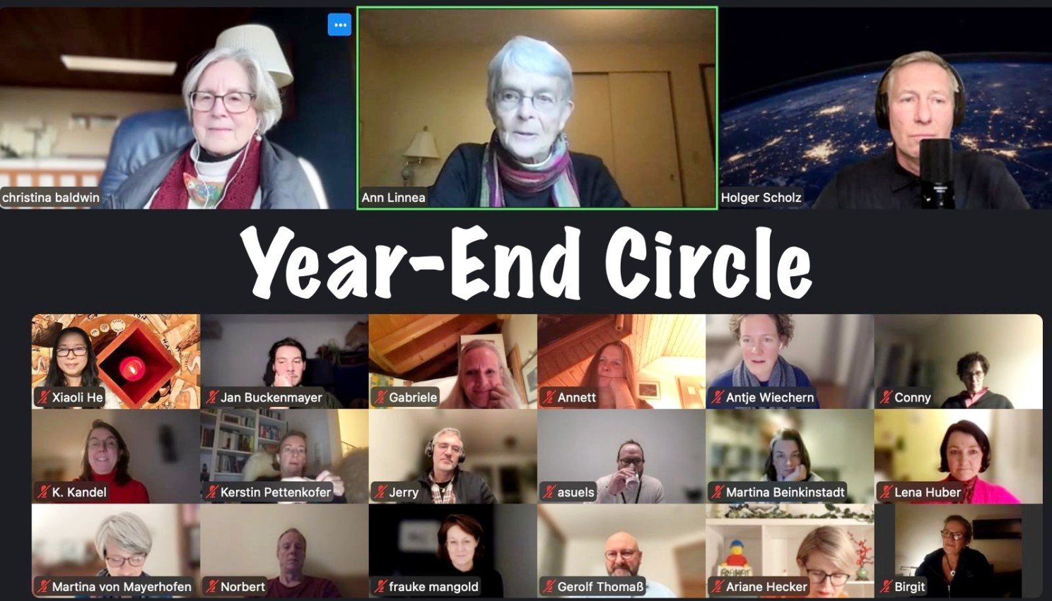 Zoom screenshot from the Year-End circle showing a number of participants on video