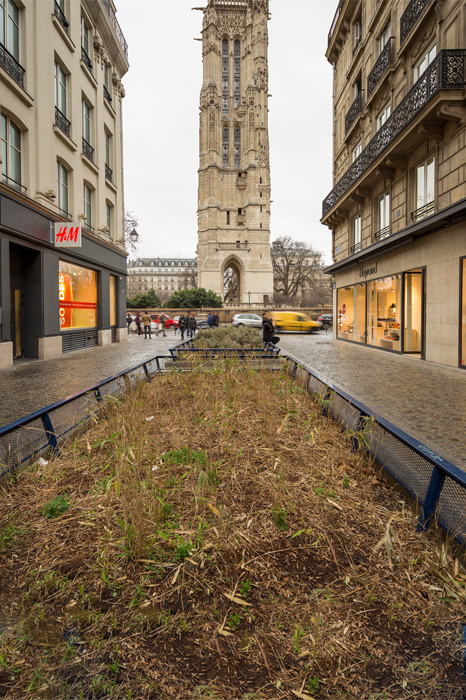 Objectif 17 mm, boîtier monté sur trépied, verticales respectées : malgré l'important recul disponible, le haut du bâtiment est hors cadre avec un sol beaucoup trop présent.