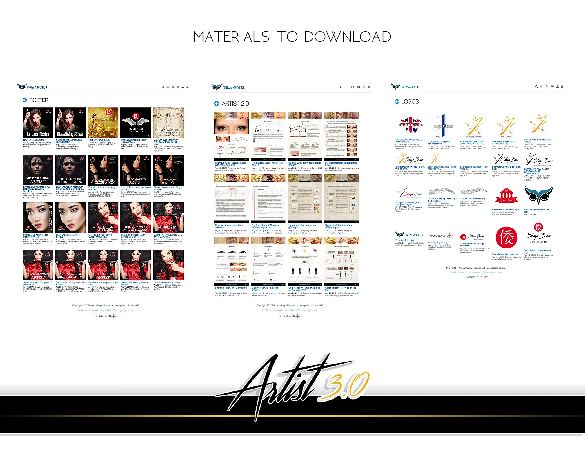 Brow Analytics download section includes all the information you need to get started with microblading business: contracts, reminders, before-after suggestions, marketing materials, high quality posters, logos etc.